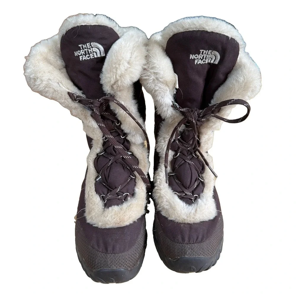 The North Face Women's Nuptse Down Filled Trim Brown Winter Snow Boots Sz 8.5